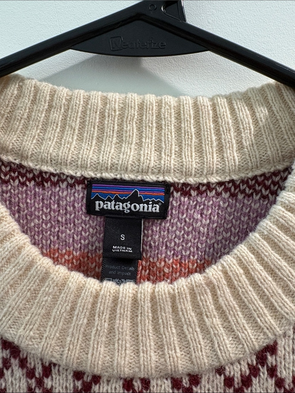 Patagonia Cream Crewneck Sweater with Burgundy, Pink & Orange Fair Isle - Picture 2 of 4